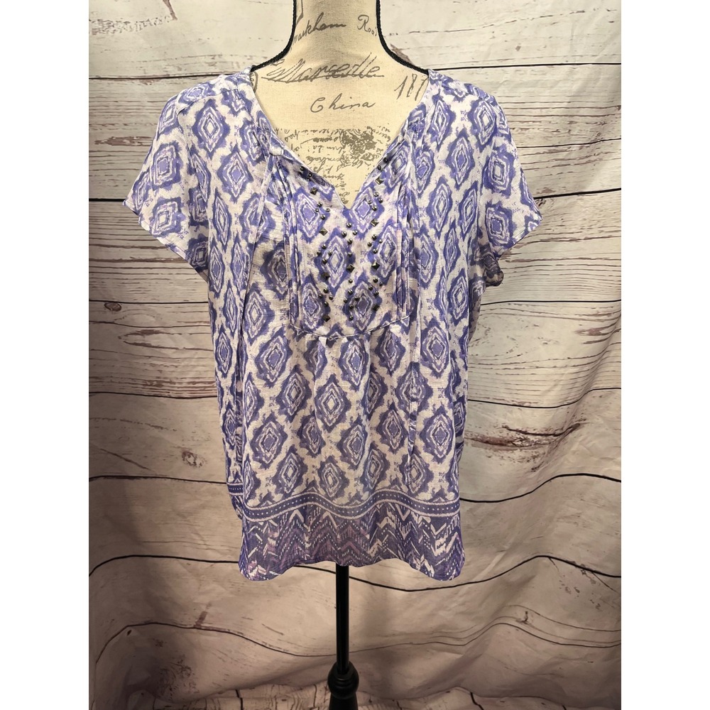Liz Claiborne Purple Ikat Diamond Studded Split Neck Blouse Medium Short Sleeve